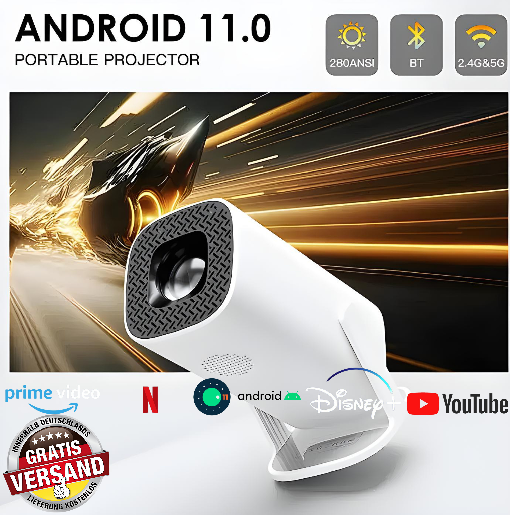 Mini Smart Beamer, Android Beamer 4K Full HD 1080P 180°Rotate prenosný projektor malý videoprojektor mobilný Android 11.0 s 2.4/5G WiFi Bluetooth 5.0