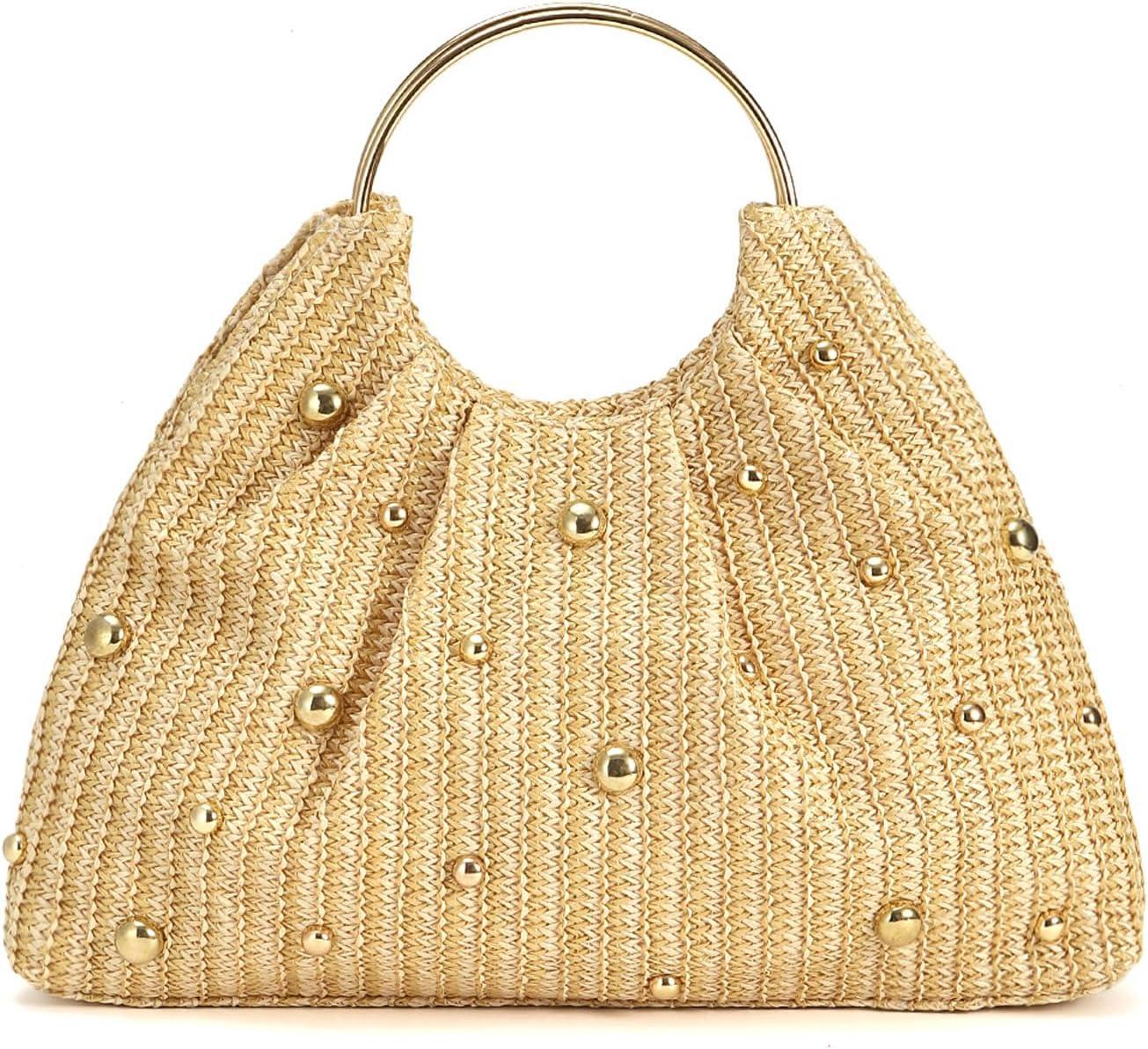 Meoiruery Strohtasche mit Perlenverzierung – geräumiges Fach, rundes Design, lässig für Damen und Mädchen KAU-ER-LYS-PH-20260416-143