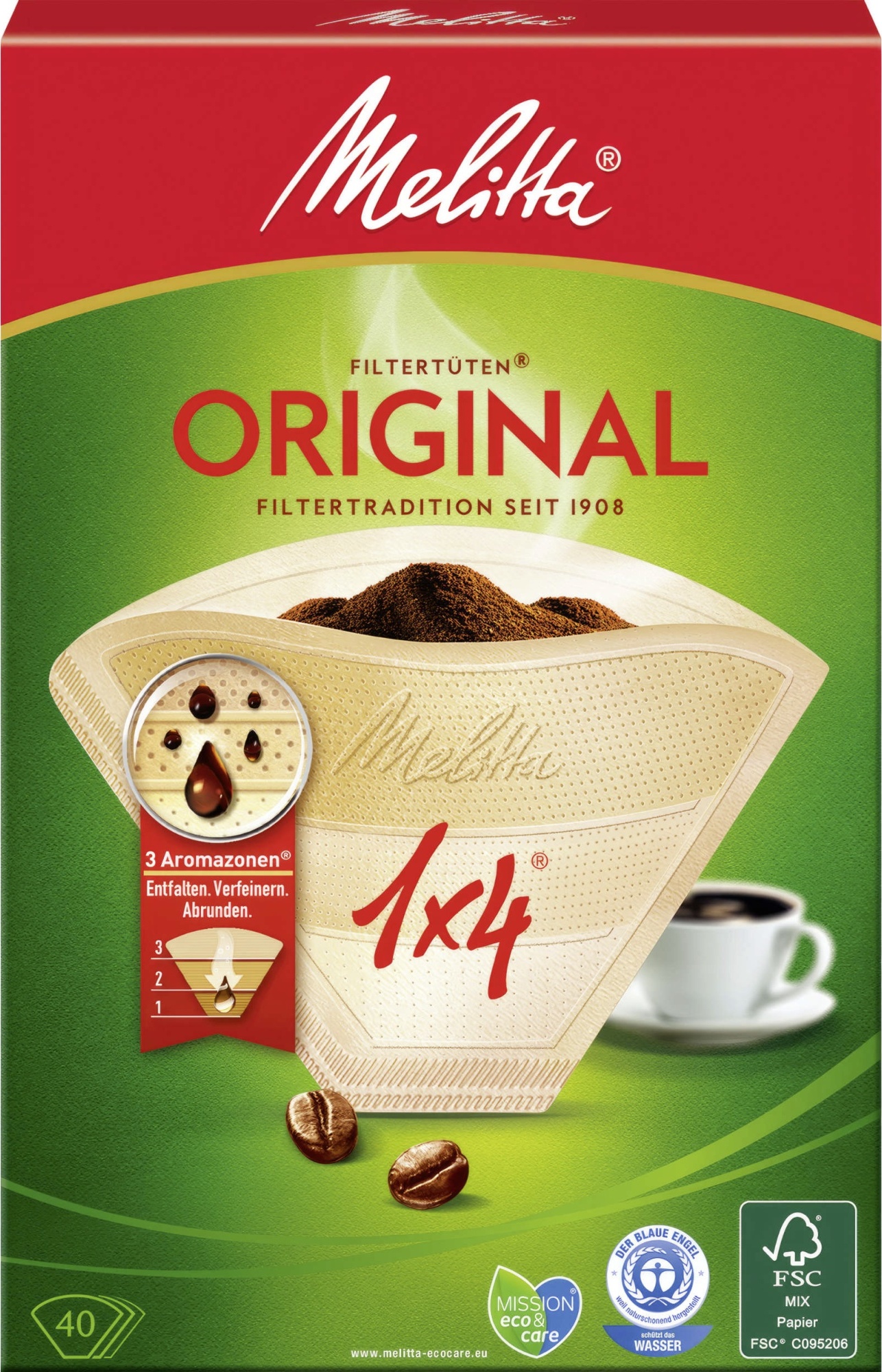 Melitta 1x4/40, Korb, Einweg-Kaffeefilter, 130 mm, 195 mm, 20 mm, 96 g