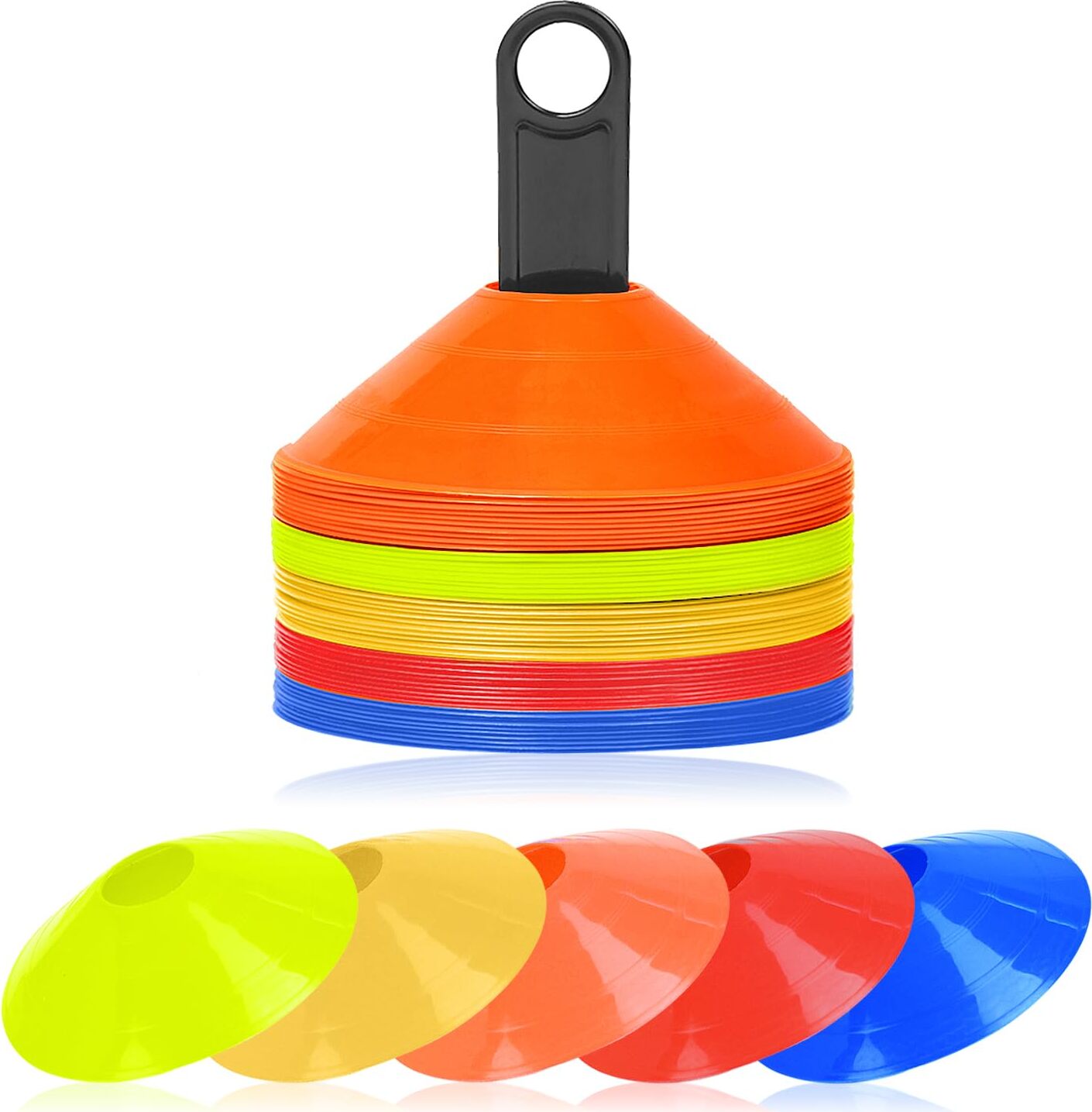 JOIEYOU Hütchen Fussball Markierungshütchen 50 Stücke Trainingshütchen Fußball mit Ständer Trainingszubehör für Eislaufen Hockey Leichtathletik Koordinationstraining