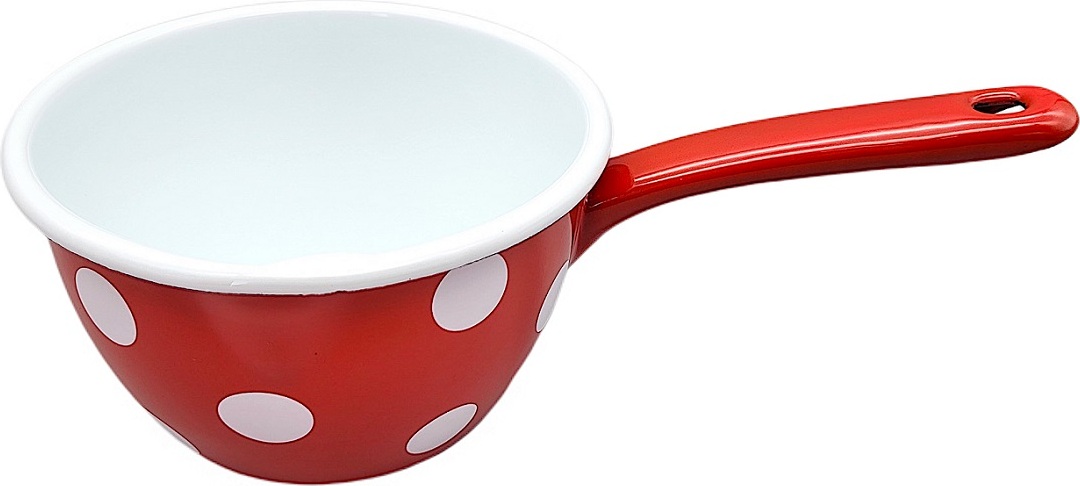Linoows Kasserolle, Stieltopf, Stilkasserolle, roter Emaille Kochtopf mit weißen Tupfen G1592