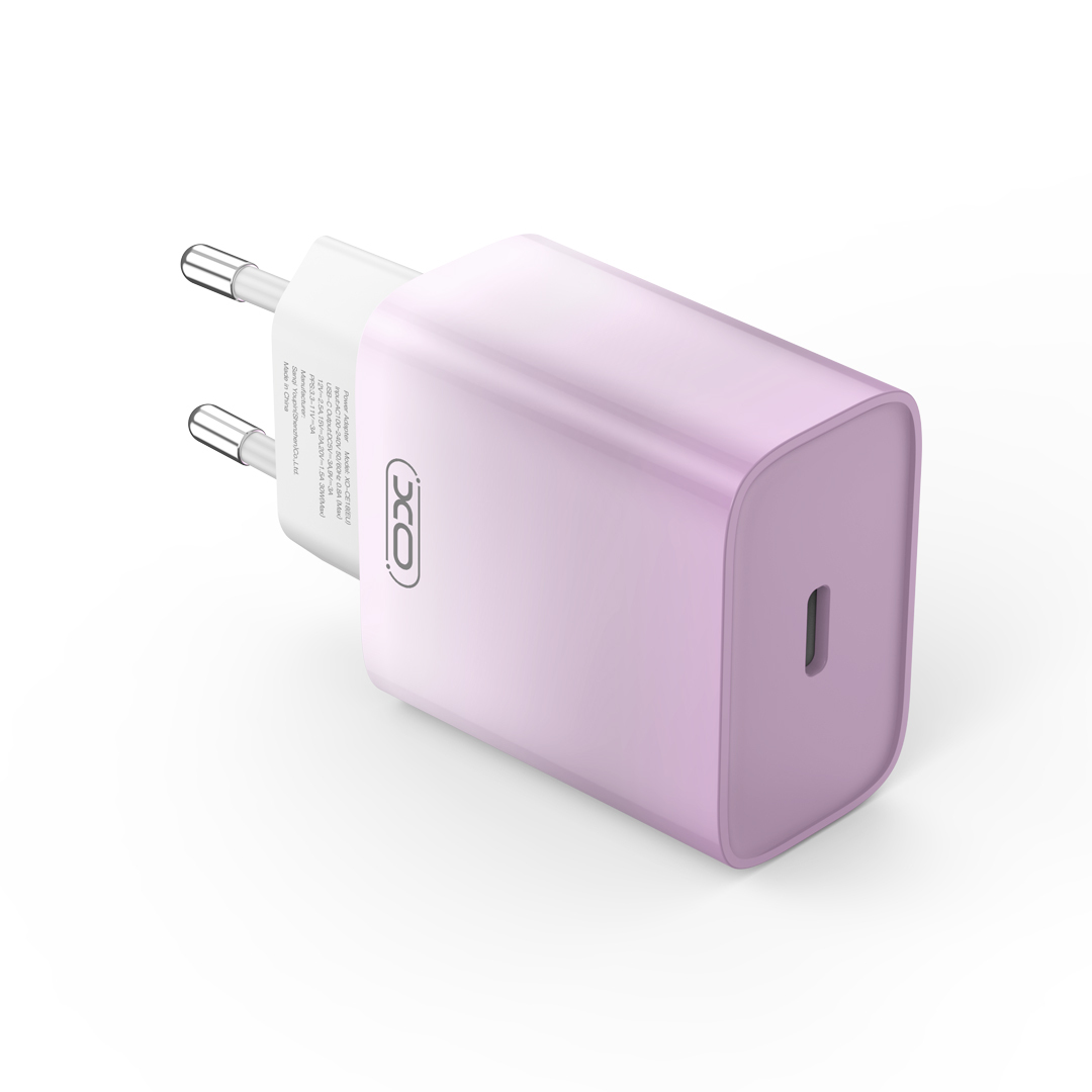 XO rýchla nabíjačka PD 1XUSB-C 30W pre všetky mobilné telefóny iPhone Xiaomi Huawei Motorola Samsung, fialovo-biela