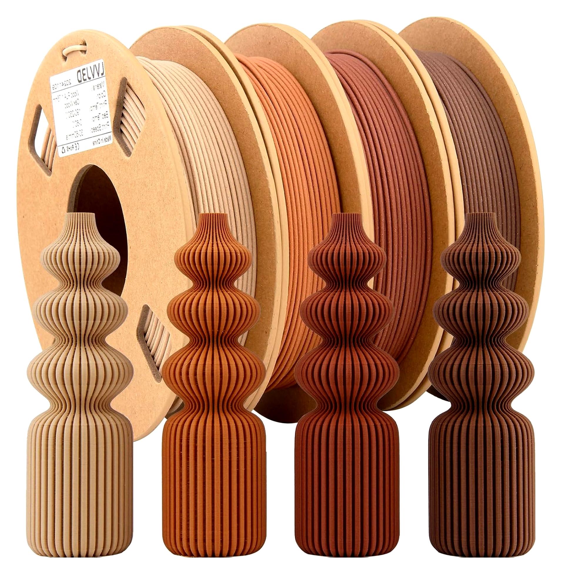 Markenlos Holzfilament-Set, 3D-Drucker-Filament Holz PLA 1,75 mm – 30% echte Holzfasern, Eiche, Walnuss, Kirsche, Teak, 200 g x 4er-Pack für 3D-Druck