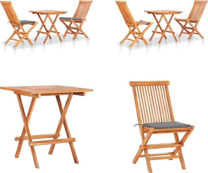 vidaXL 3 ks Bistro set so sivými vankúšmi z masívneho teakového dreva - Bistro set - Bistro sety - Drevené bistro sety - Drevené bistro sety