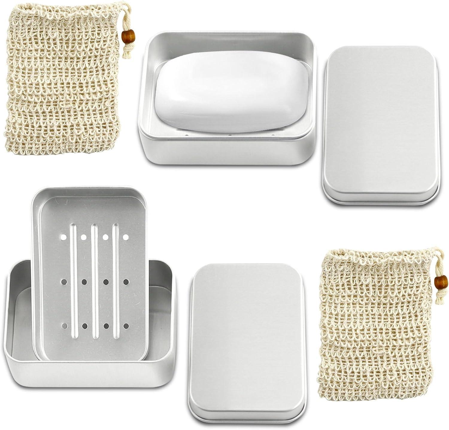 oCreon Seifenschale – Seifenschalenbox mit Deckel – Trockenhalter und Sisal-Seiftuch – Edelstahl – Reise-Seifenschale – Metallische Seifenschale, geeignet für alle festen Seifen