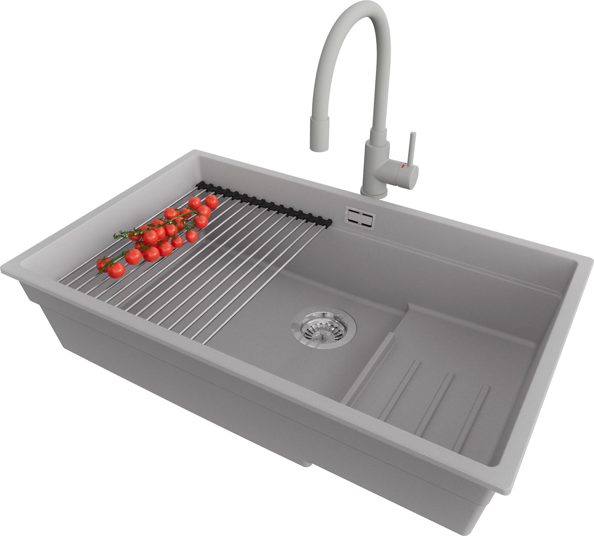 PRIMAGRAN Granitspüle Grau 76x47cm, Spülbecken 1 Becken + Küchenarmatur 38x14cm + Ablauf-Set + Küchenzubehörset, Küchenspüle ab 80er Unterschrank - Praga Slim