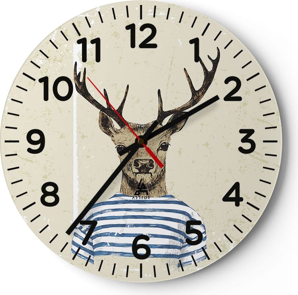Arttor Wanduhr - Rund - Glasuhr - Hipster Anthropomorphismus Hirsch - 30x30cm - Schleichendes Uhrwerk - Lautlos - zum Aufhängen bereit - Dekoration Modern - Wanddekoration aus Glas - C4AR30x30-4227