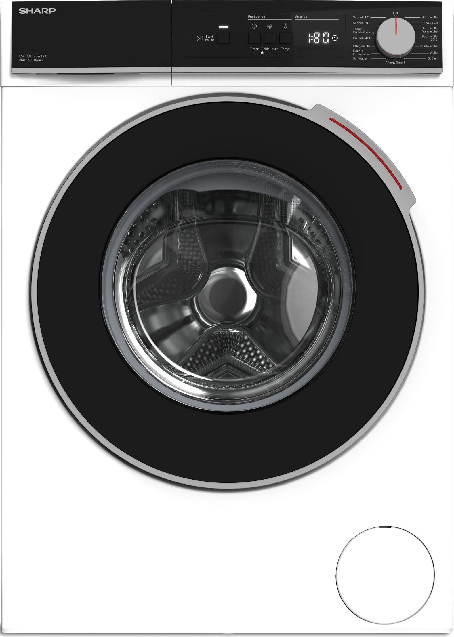 SHARP ES-NFA816BW1NA-DE Waschmaschine Frontlader, 8kg, 1600U/min, 15 Programme inkl. 12 Min. Kurzprogr., Allergiker-Programm, AquaStop, Weiß 10840161