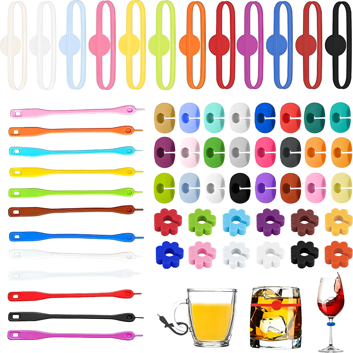 Mmgoqqt 60 Stück Glasmarker, Silikon-Glasmarker, Glasmarker, Trinkgläser, bunter Weinglasmarker, wiederverwendbarer Weinglasmarker, Weinmarker Kau-QY-LA-ZL-20241126-1569