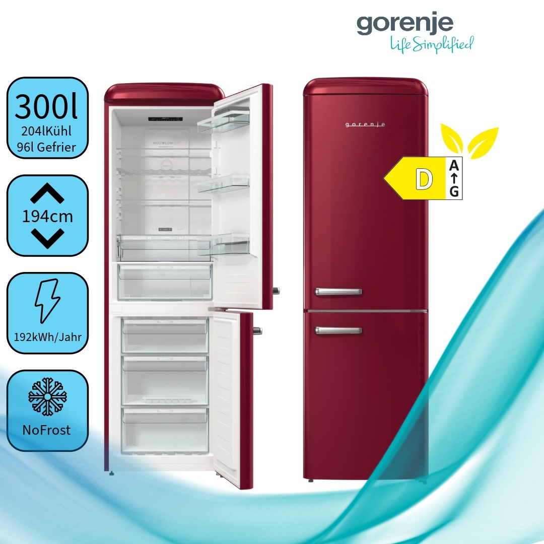 Gorenje ONRK619DR Retro chladnička s mrazničkou - NoFrost - Invertorová technológia - NoFrostPlus - Celkový objem 300 l - LED displej - CrispZone - AdaptTech