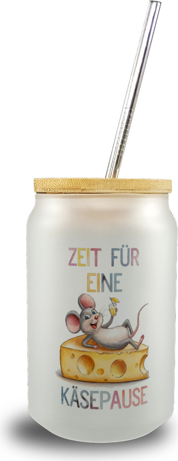 speecheese Fröhliche Maus auf Käse Trinkglas mit Bambusdeckel Käsepause