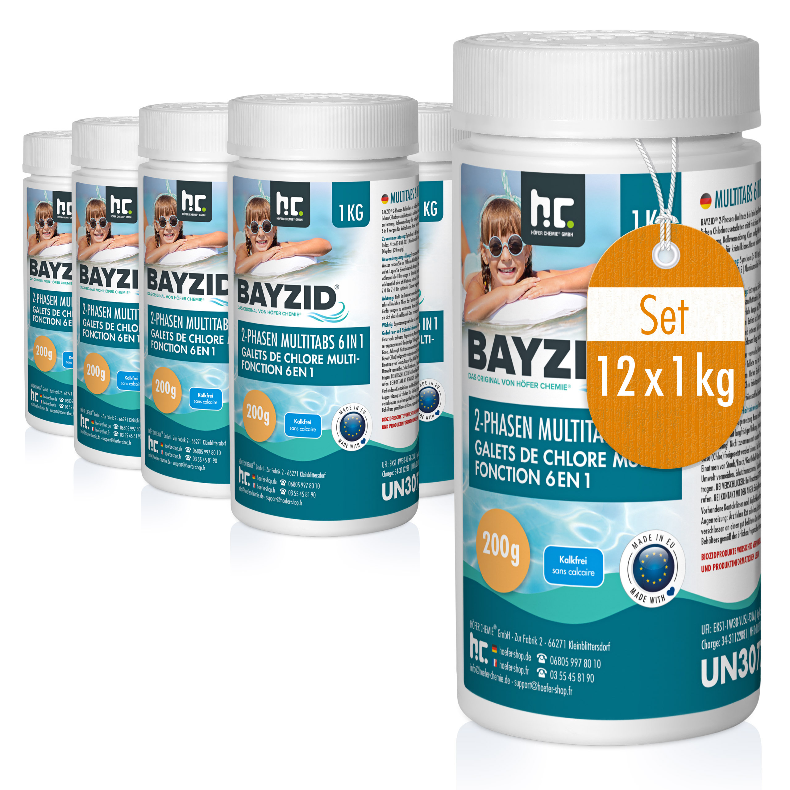 Höfer Chemie 12x1 kg BAYZID® 2-Phasen-Multitabs 200g 6in1 zu Schnellchlorung und Langzeitpflege