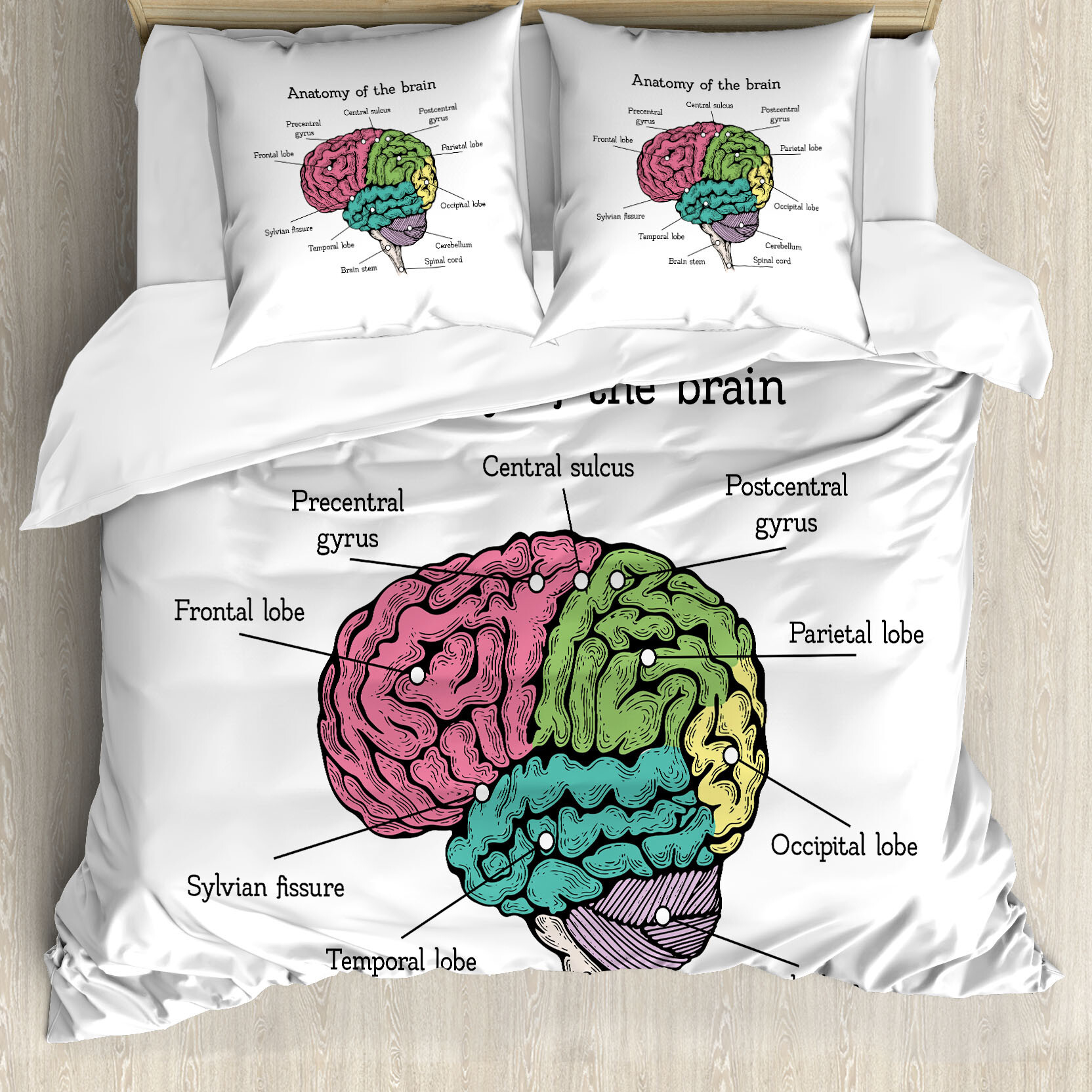 ABAKUHAUS Anatomie Bettbezug Set für Einzelbetten, Gehirnstruktur Farbige, Milbensicher Allergiker geeignet mit Kissenbezug, 155 cm x 220 cm - 80 x 80 cm, Lindgrün und Rosa nevde_103535_155x220_de