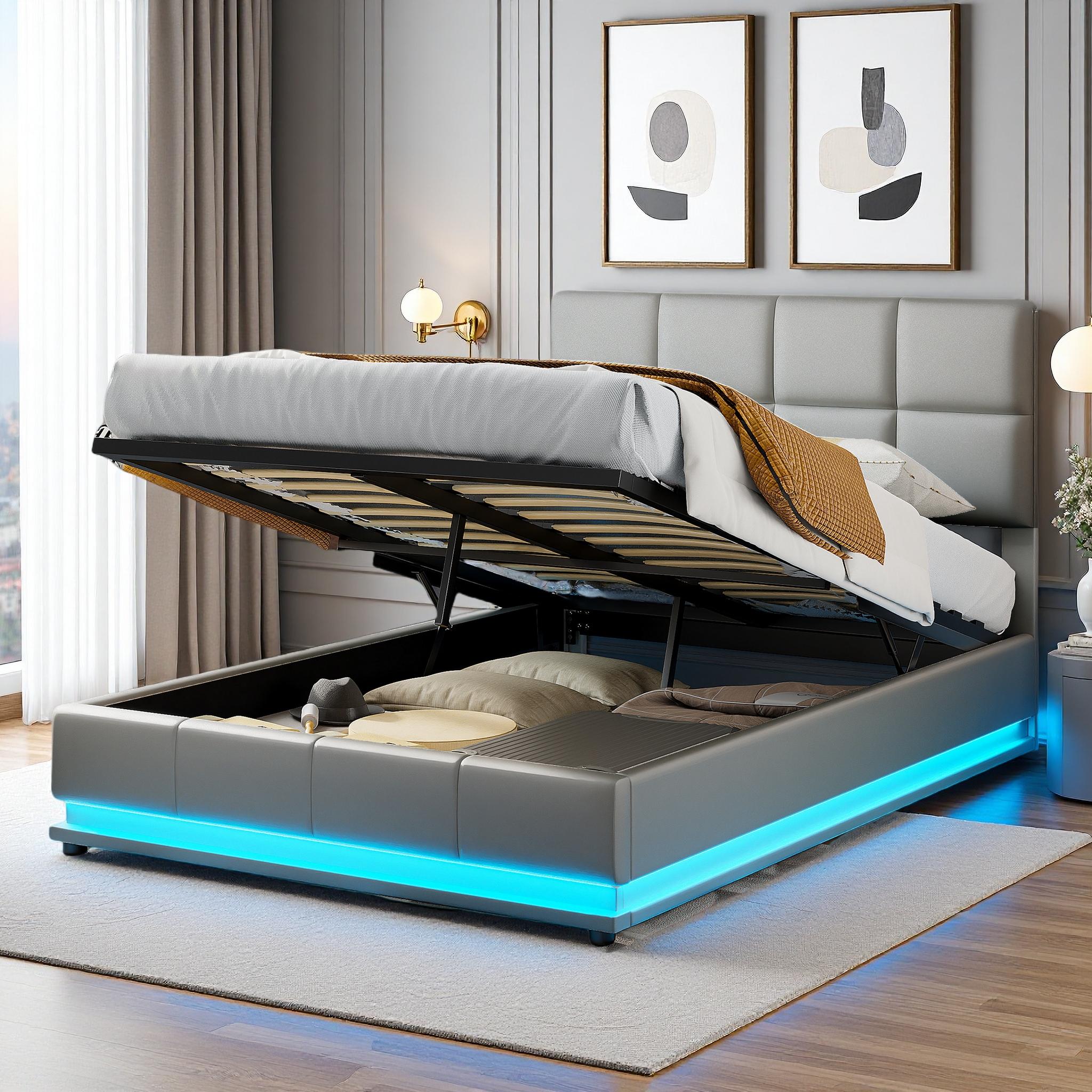 Letto imbottito Fortuna-Lai 140x200 cm con LED, grigio