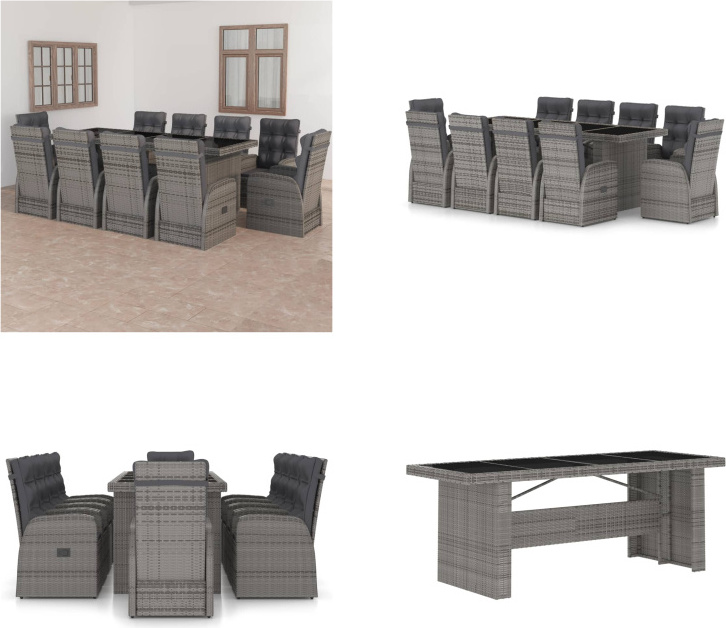 vidaXL 11-dielny záhradný jedálenský set s vankúšmi poly ratan sivý - Set záhradného nábytku - Sety záhradného nábytku - Záhradný stôl a stolička - Záhradné stoly a stoličky