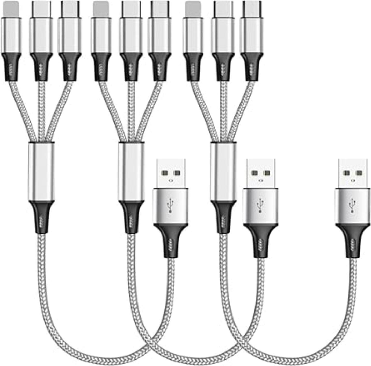 Nabíjací kábel 3 v 1 – odolný univerzálny kábel s konektormi USB-C, Micro a pre iPhone – strieborný / balenie po 3 kusoch