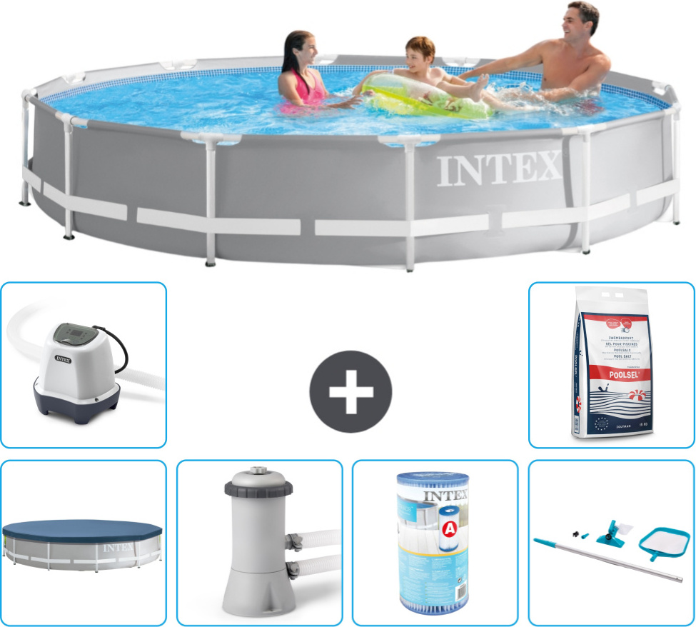 Bazén Intex s okrúhlym hranolovým rámom - 366 x 76 cm - sivý - vrátane krytu - filtračné čerpadlo pre bazén - filter - čistiaca súprava - systém slanej vody - bazénová soľ