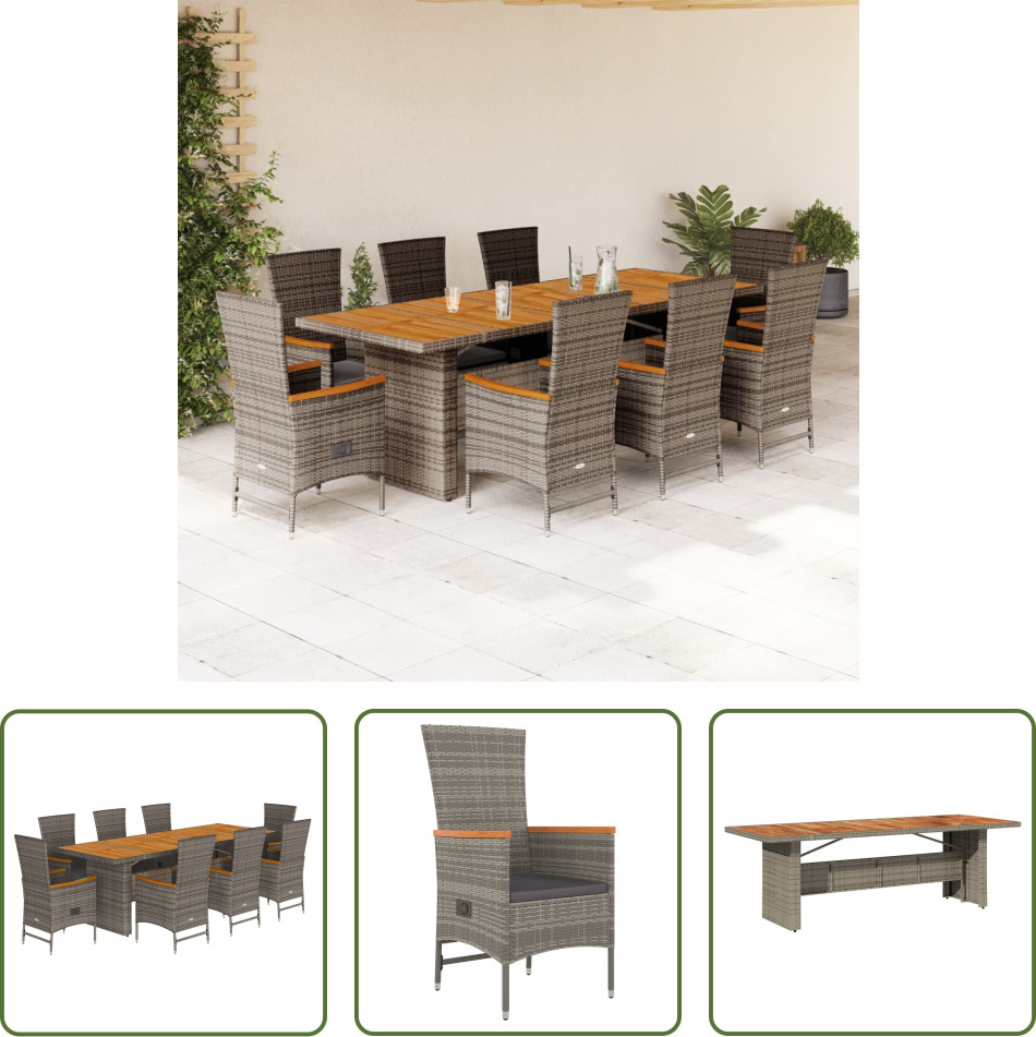 The Living Store 9-dielny záhradný jedálenský set s vankúšmi sivý polyratan