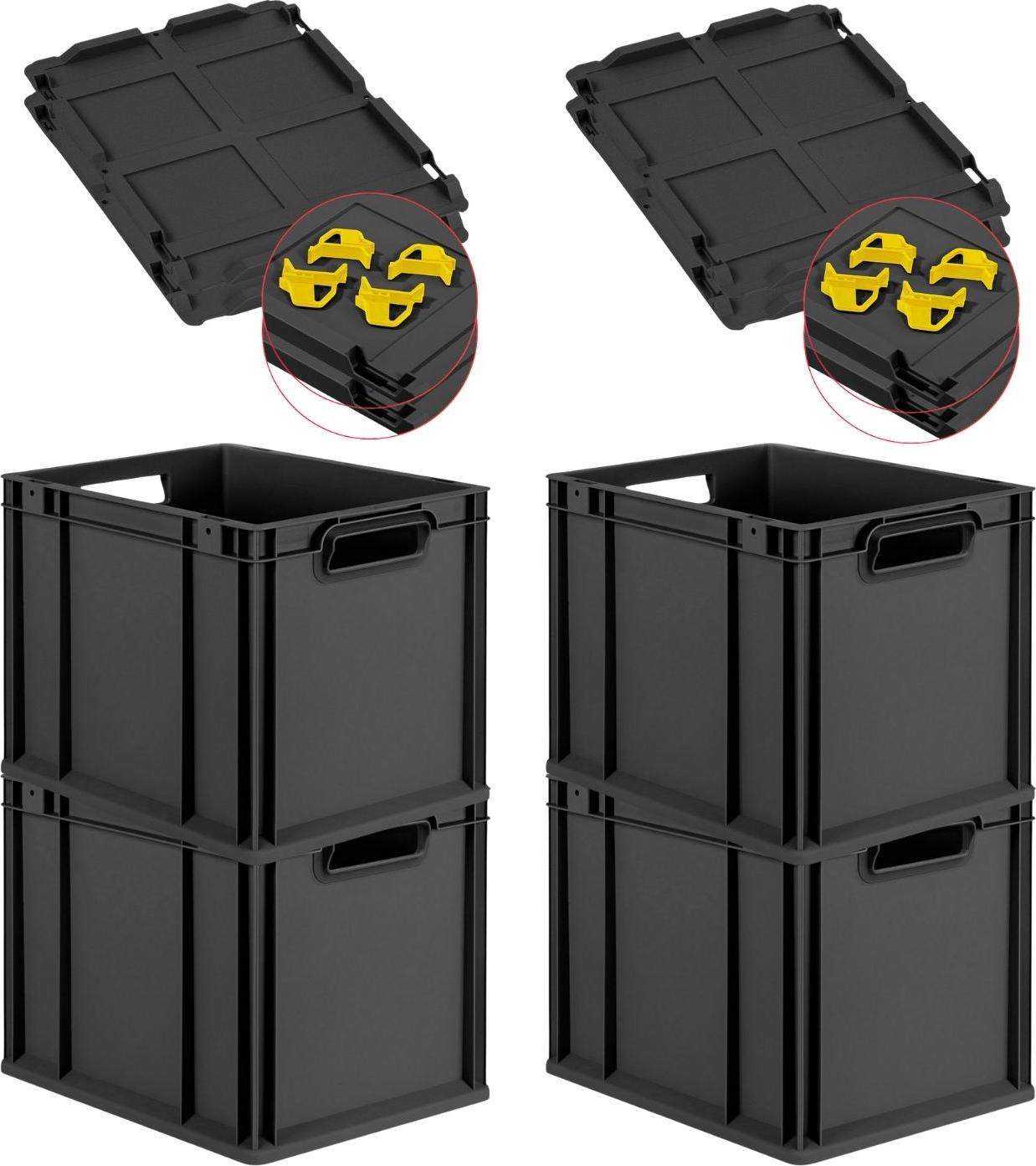 Proregal - Aufbewahrung für Profis SuperSparSet 4x Eurobox NextGen Grip mit Scharnierdeckel und gelben Schiebeschnappverschlüssen | HxBxT 32x30x40cm | 30 Liter | Schwarz | Griffe offen | Eurobehälter, Transportbox, Transportbehälter, Stapelbehälter