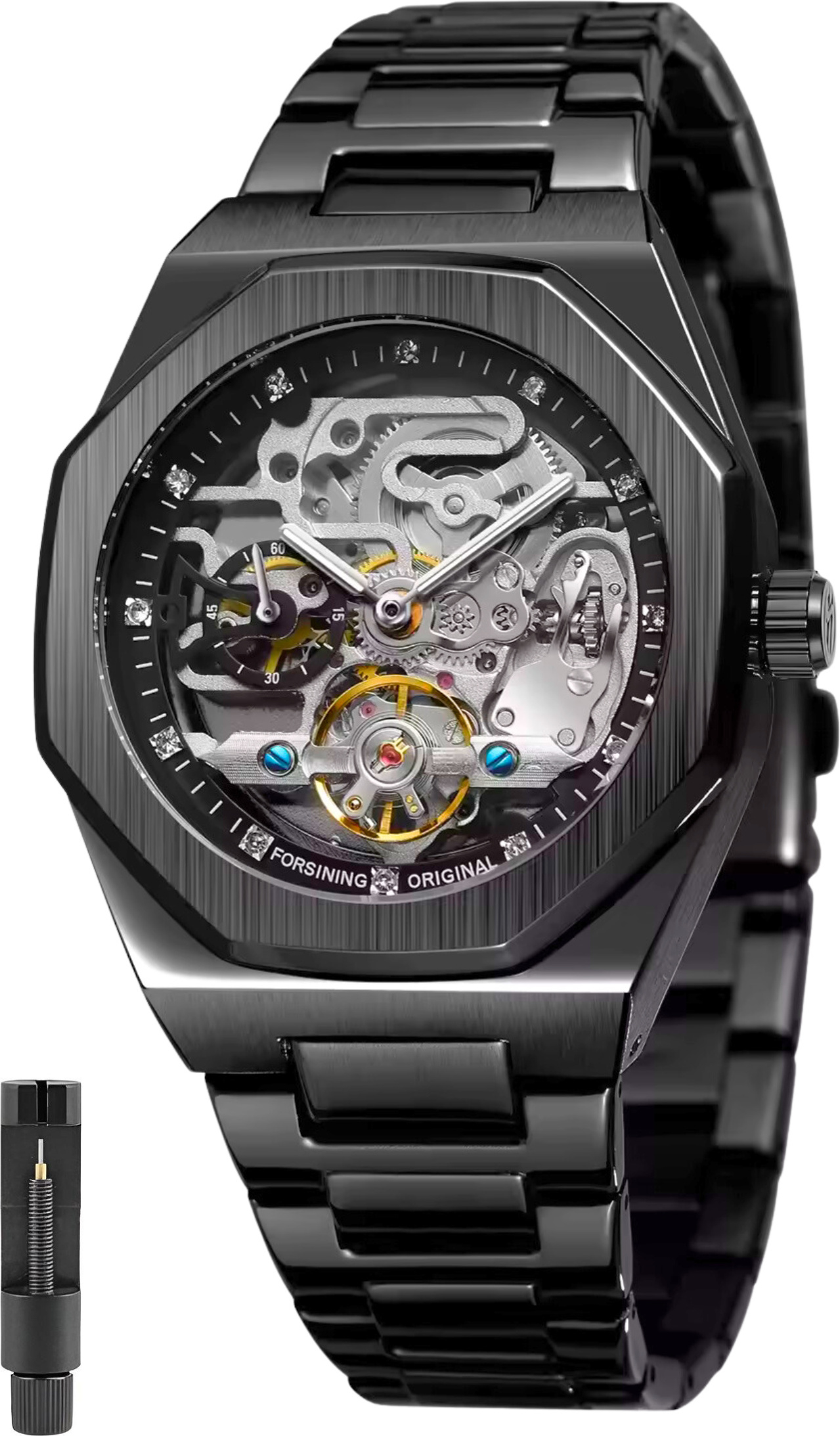 Automatické hodinky Mechanické pánske hodinky Skeleton Pánske hodinky z nehrdzavejúcej ocele Osemhranné vodotesné