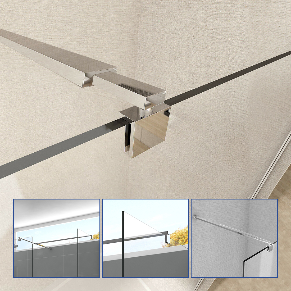 Heilmetz Stabilisator Stabilisationsstange für Duschwand Dusche Glaswand 70-120cm für Glasstärke 8/10mm Stabilisationsbügel Haltestange Chrom