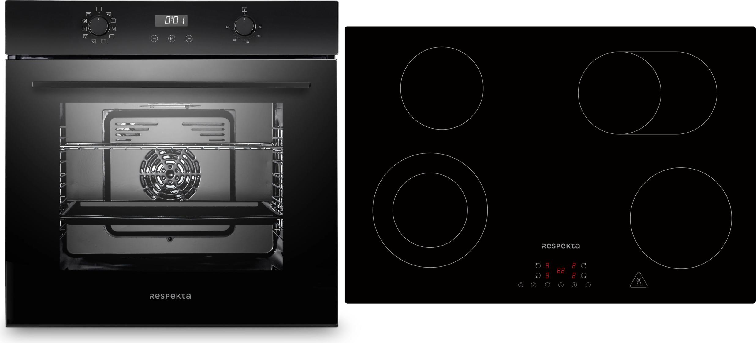 Backofen Herd Kochfeld Schwarz Glaskeramik 77cm Einbau autark rahmenlos Respekta ASET7007700