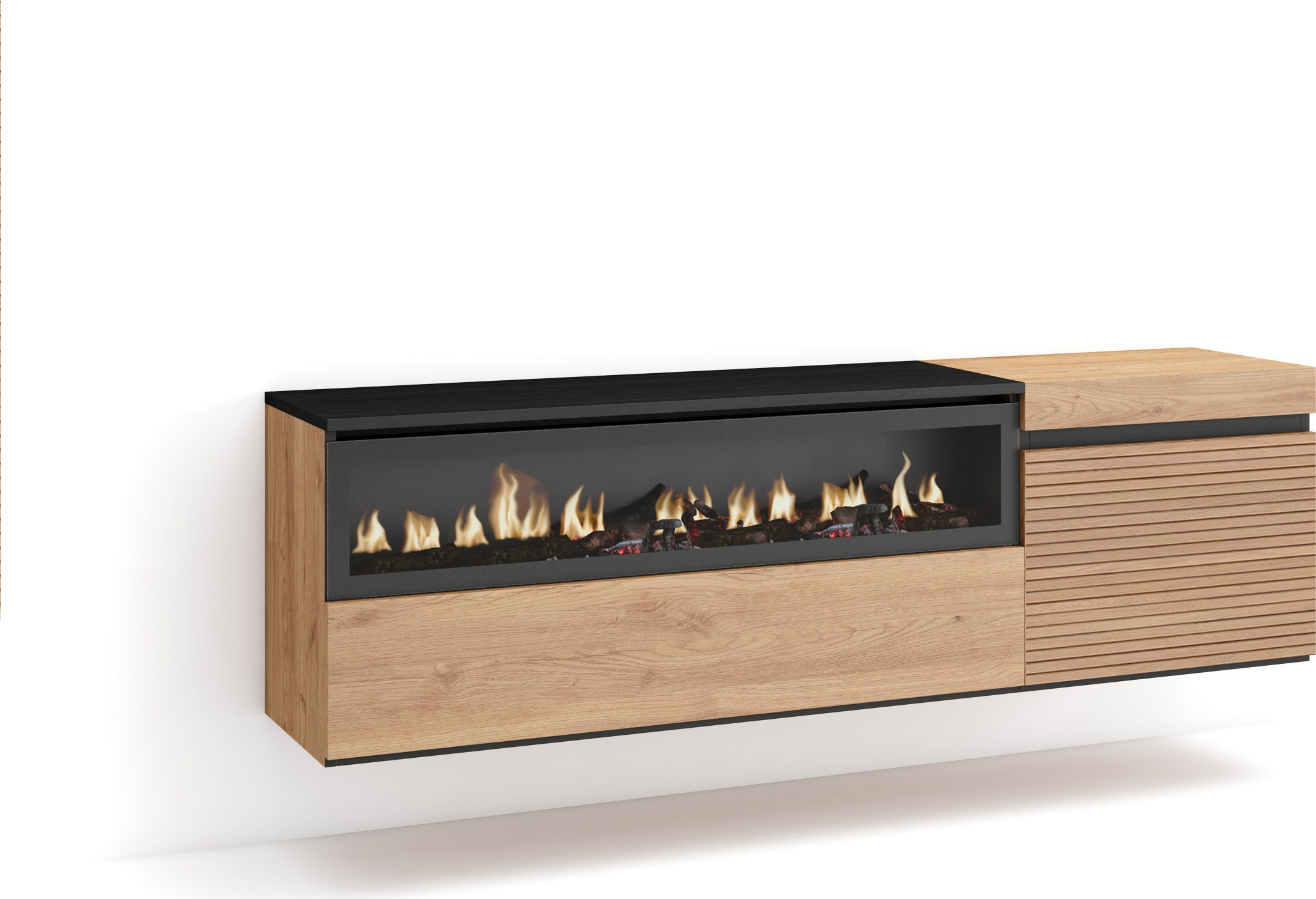 Skraut Home | TV-Meubel, Lowboard | Woonkamer, Eetkamer | 150x57x35cm | Voor tv's tot 65 | Elektrische haard | Industrieel design | Moderne stijl | Wit en Zwart