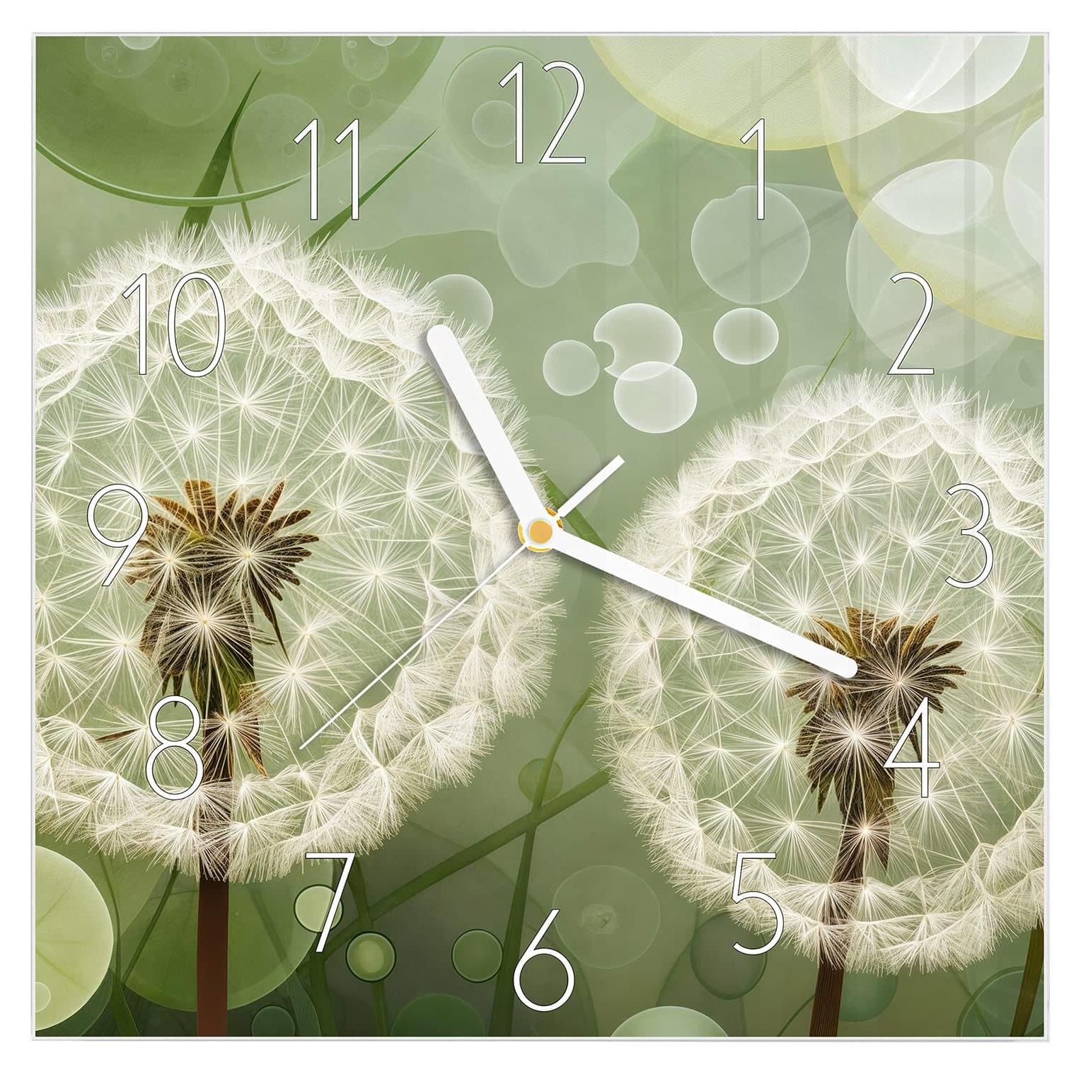 Primedeco Wanduhr aus Glas mit Motiv Löwenzahnzarte Blüten- 30 x 30 cm - inkl. Aufhängesystem