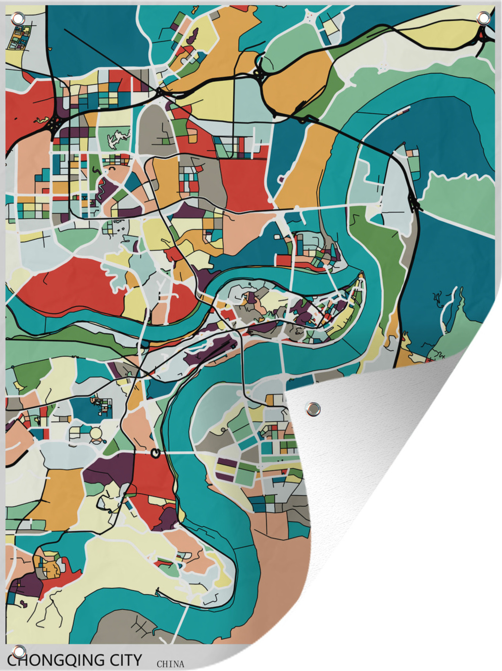 MuchoWow® 30x40 cm Outdoor-Poster Gartendeko Sichtschutz Garten Poster für den Garten Eine bunte Illustration von Chongqing im asiatischen China 133|1338068
