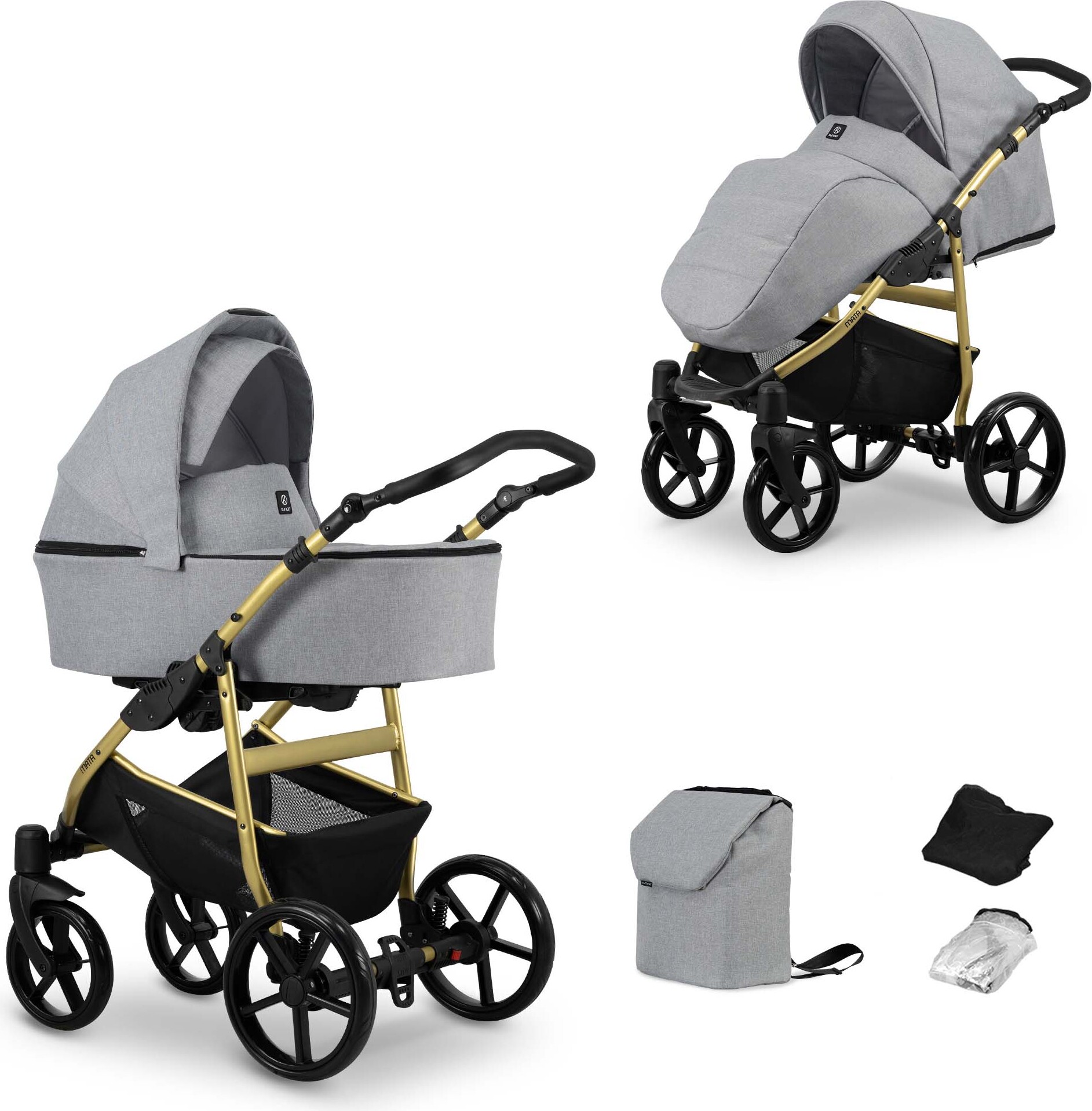 Kinderwagen MATA Sportwagen Babywagen Babyschale Komplettset Kinder Wagen Set 2 in 1 (grau, Rahmenfarbe: Gold)