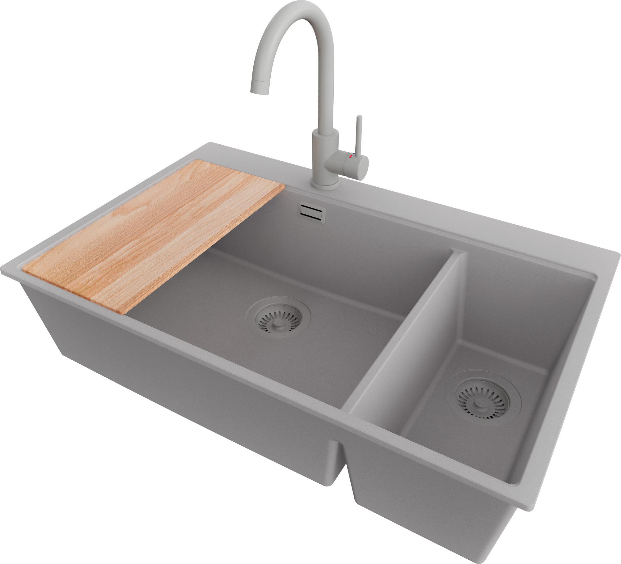 PRIMAGRAN Granitspüle Grau 78x50cm, Spülbecken 2 Becken + Küchenarmatur 32x20cm + Ablauf-Set + Schneidebrett, Küchenspüle ab 80er Unterschrank - Oslo Duo