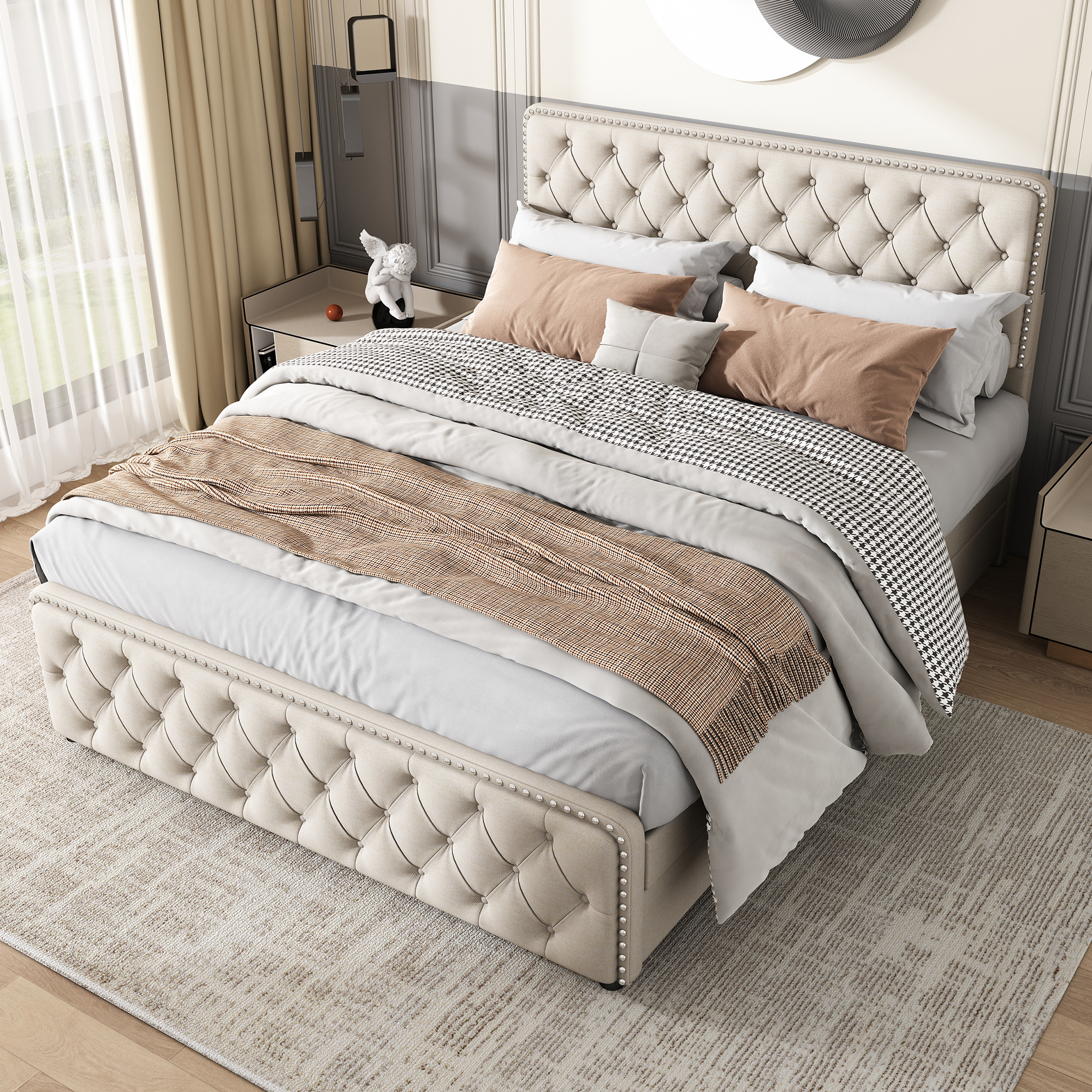 MODFU Polsterbett 160x200cm mit 4 Schubladen, höhenverstellbares Kopfteil, Leinen(Ohne Matratze), Beige