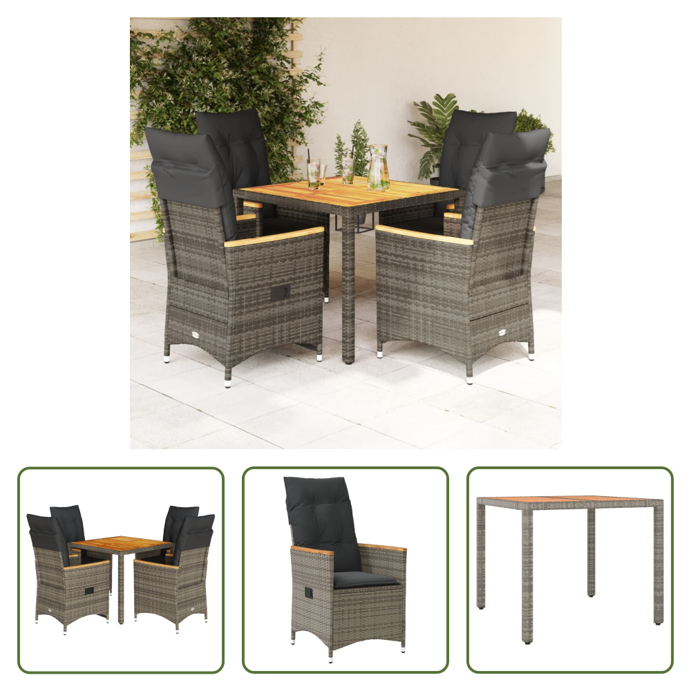The Living Store 5-dielny záhradný jedálenský set s vankúšmi sivý polyratan