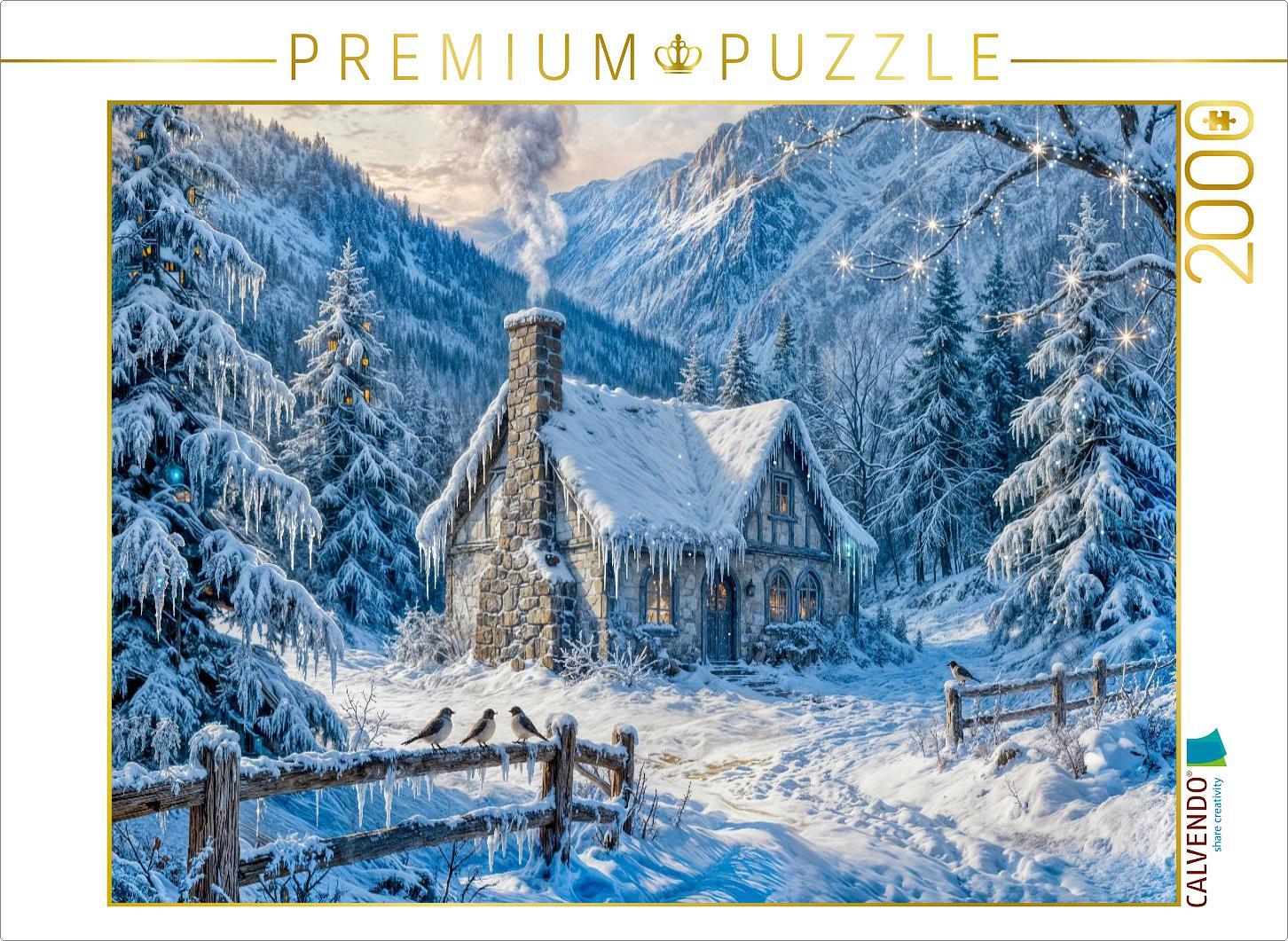 CALVENDO Puzzle Winter‑Cottage im Bergwald mit Zaun und Waldvögeln | 2000 Teile Lege-Größe 90x67cm Foto-Puzzle für glückliche Stunden