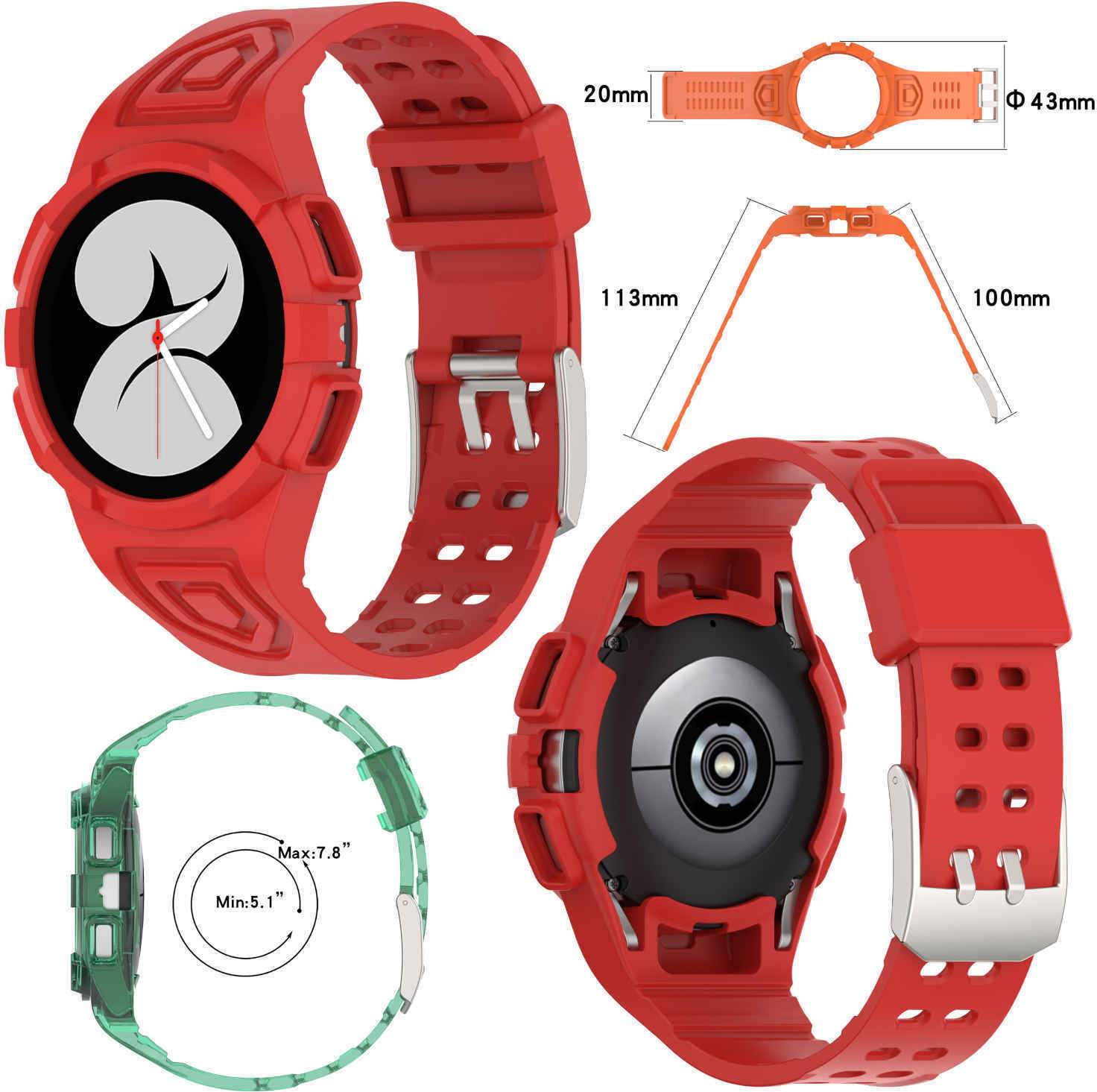Pre Samsung Galaxy Watch FE / 4 40 mm remienok s ochranným puzdrom Red