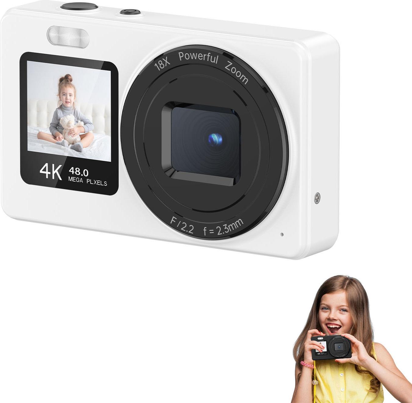 Sxhlseller 4K digitálny fotoaparát, 48MP fotoaparát s dvoma obrazovkami a 18x zoomom, malý digitálny fotoaparát typu "namier a foť" pre tínedžerov (biely)