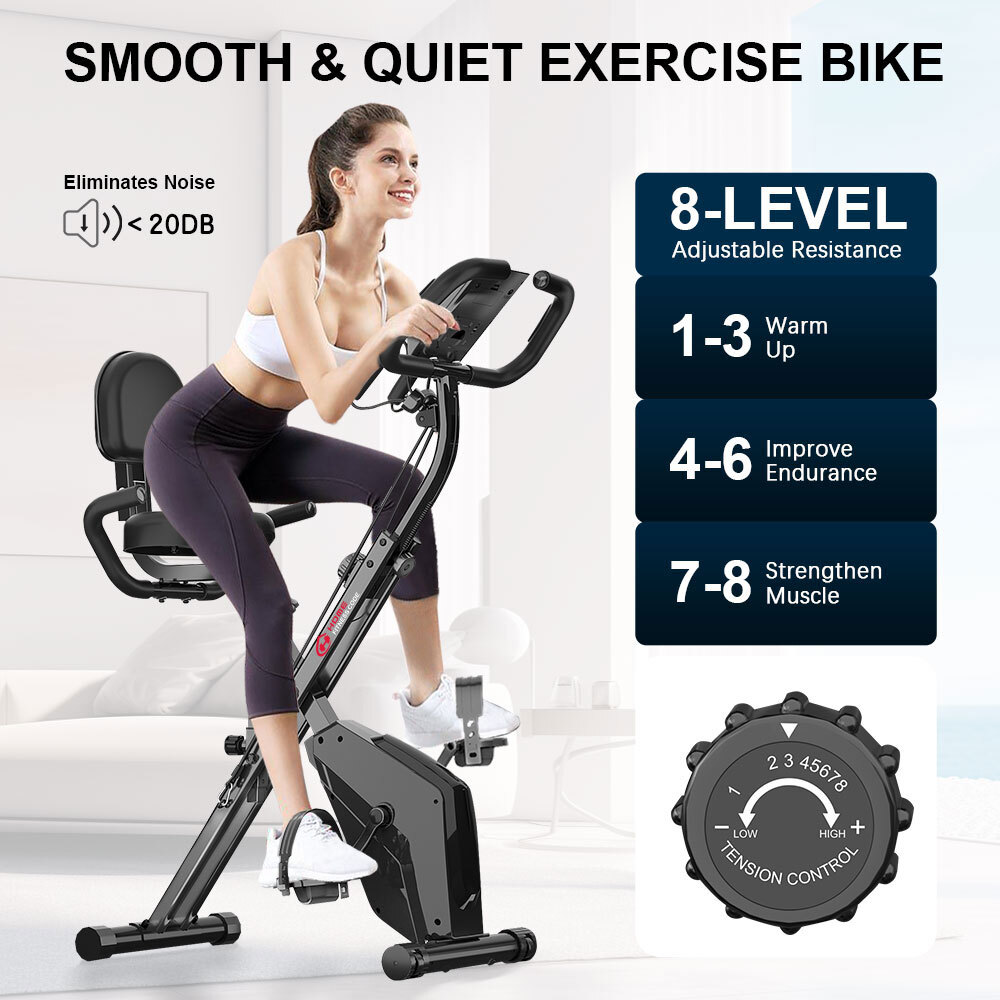 Heimtrainer Fahrrad Klappbar für Zuhause - BIGZZIA 4-in-1 faltbarer Heimtrainer mit 8 Stufen verstellbarem Magnetwiderstand und Spannseil, klappbarer Heimtrainer, LCD-Display, Handpulssensoren X23N00C007