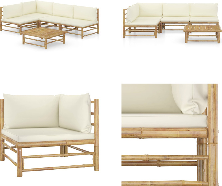 vidaXL 5-dielna záhradná súprava s krémovo bielymi vankúšmi bambus - Záhradná súprava na ležanie - Záhradné súpravy na ležanie - Záhradný nábytok - Súprava záhradného nábytku