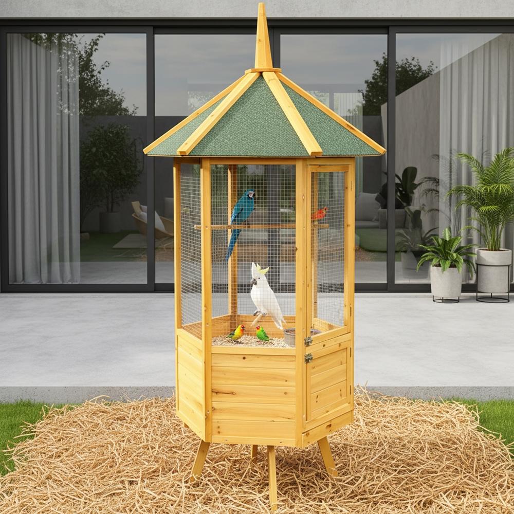 Feel2Home Vogelvoliere Voliere Vogelkäfig XXL 6-Eck Vogelhaus Vogel Käfig Haus Holz