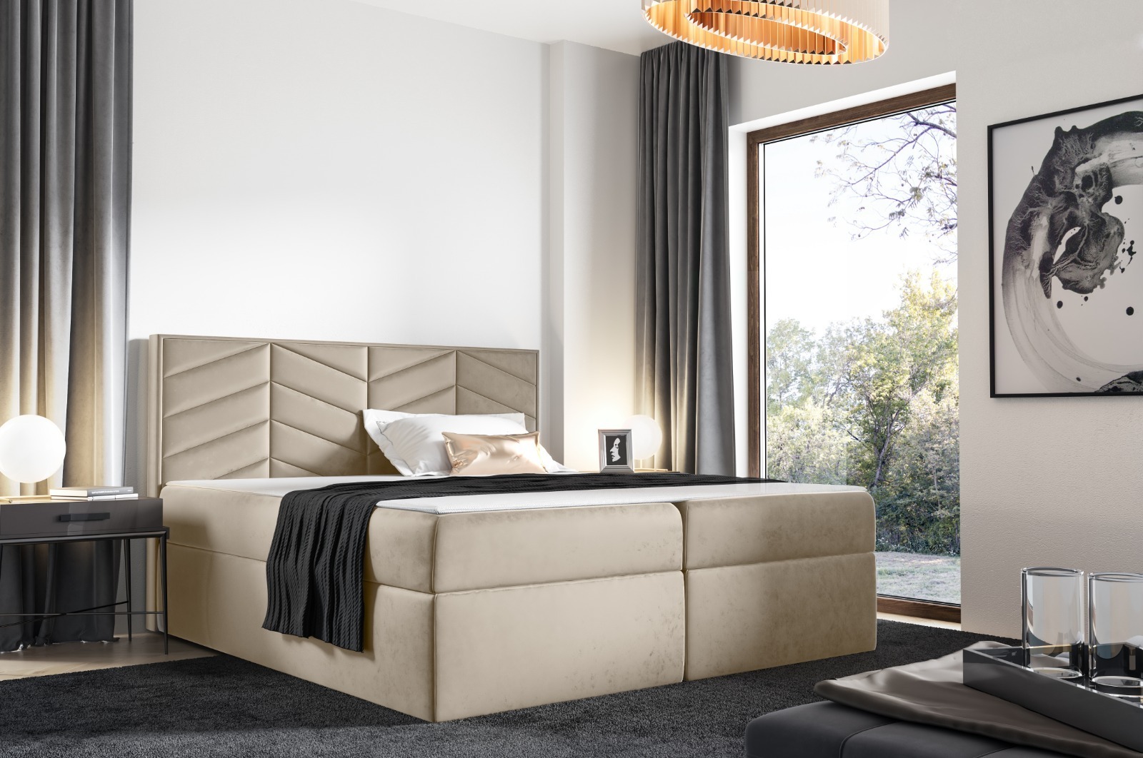 Skriňová posteľ PEDRO s 2 zásuvkami, čalúnená posteľ, rozmery: 180 x 200 cm, farba: béžová, velúrová látka, manželská posteľ s matracom Bonell vrátane toppera