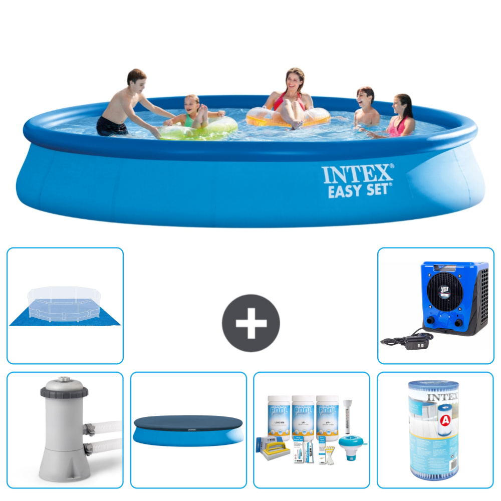 Intex okrúhly nafukovací bazén Easy Set - 457 x 84 cm - modrý - vrátane krytu čerpadla - balík na údržbu - filter - podložka - tepelné čerpadlo