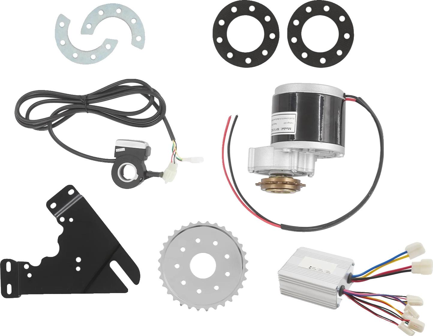 Prestavbová súprava motora na bicykel, menovitý výkon 350 W, napätie 24 V, menovité otáčky 3300 ot/min, krútiaci moment 0,9 N-m, trieda ochrany IP54