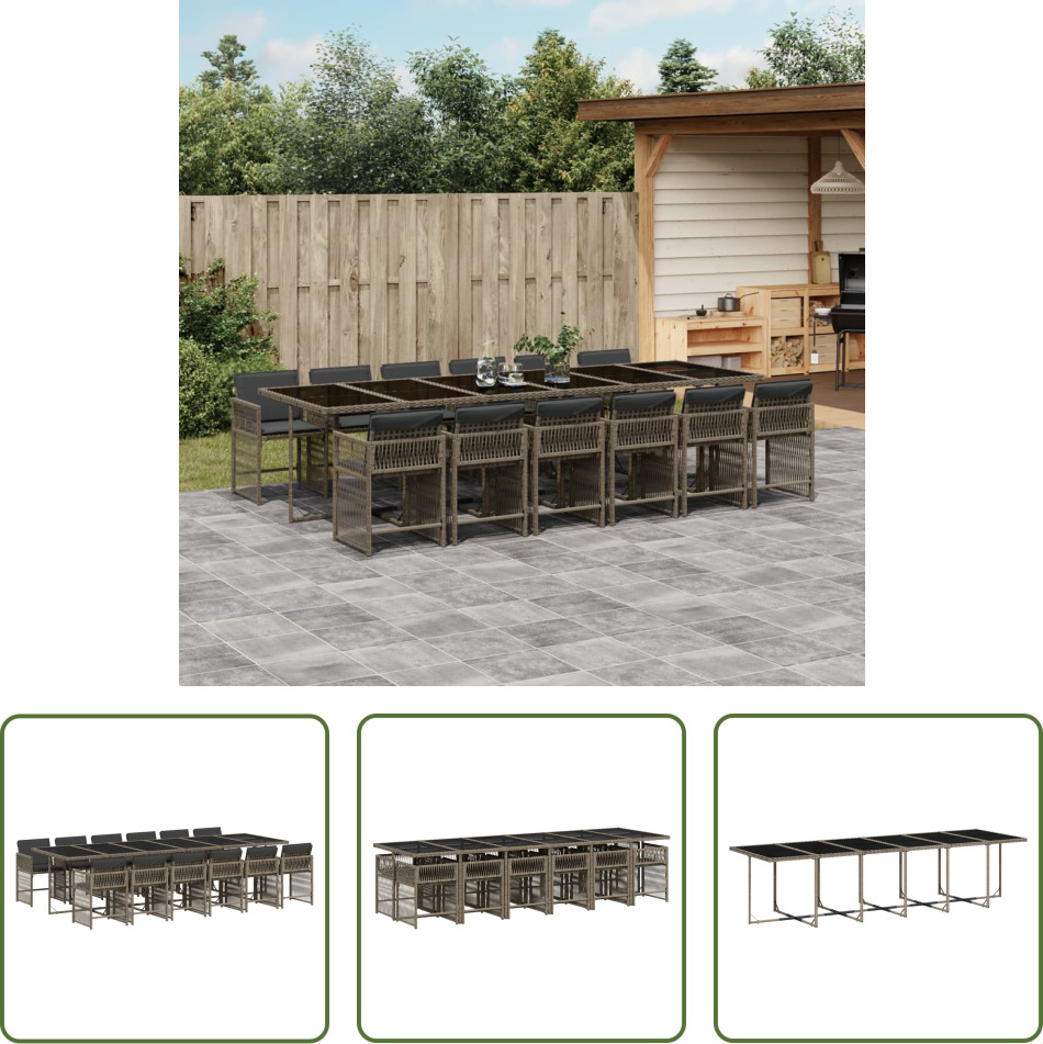 The Living Store 13-dielny záhradný jedálenský set s vankúšmi sivý polyratan