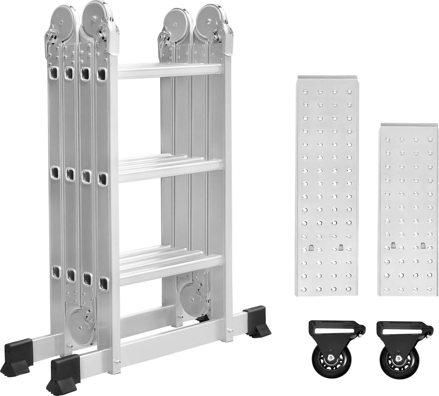 Mehrzweckleiter 340cm, 6 in 1 Multifunktionsleiter Aluminium, Klappleiter mit 2 Rollen und Plattform, 4 x 3 Silber-Klappbare Vielzweckleiter bis 150KG CEEDIR