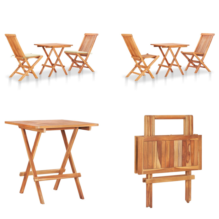 vidaXL 3 tlg. Bistroset mit Cremeweißen Kissen Massivholz Teak - Bistroset - Bistrosets - Holz-Bistroset - Holz-Bistrosets HL3063227