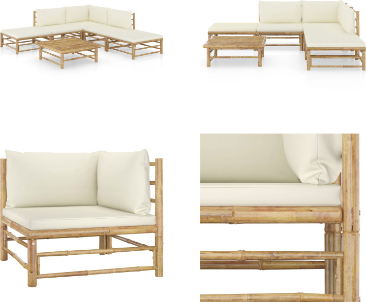 vidaXL 6-dielna záhradná súprava s krémovo bielymi vankúšmi bambus - Záhradná súprava - Záhradné súpravy - Záhradný nábytok - Súprava záhradného nábytku