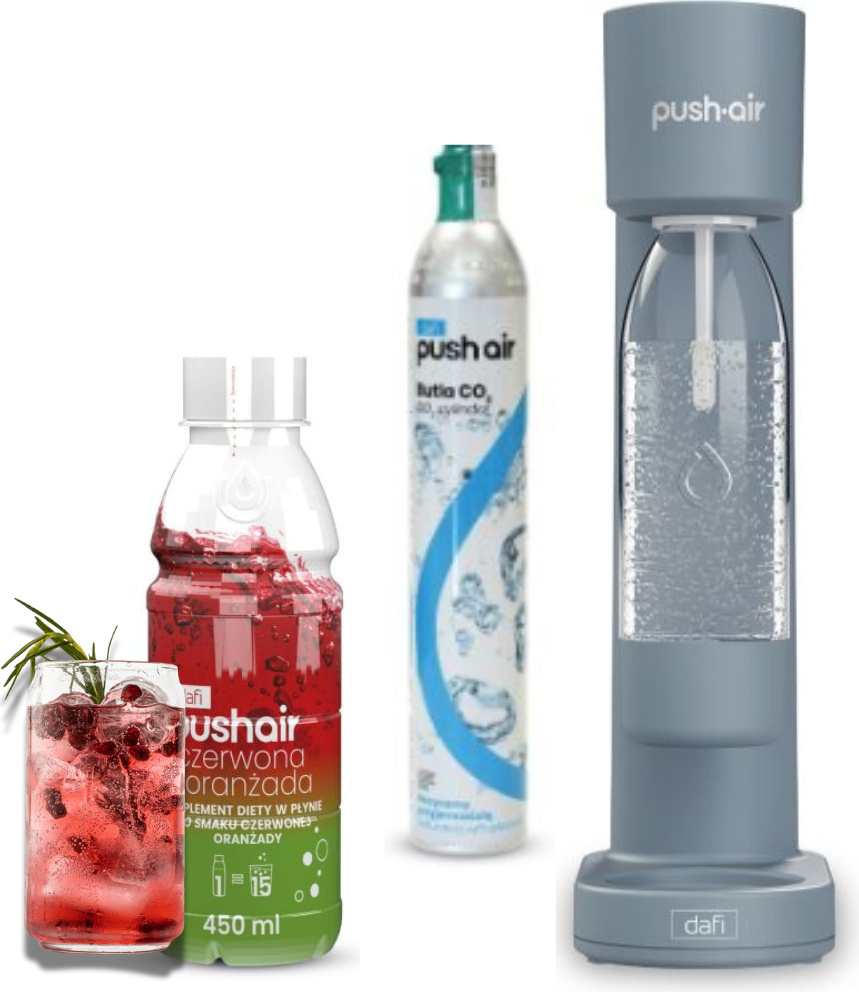 PUSHAIR Dafi Wassersprudler Stahl + CO2-Patrone + 0,7 l Flasche + Sirup Rote Orangenlimonade 450 ml