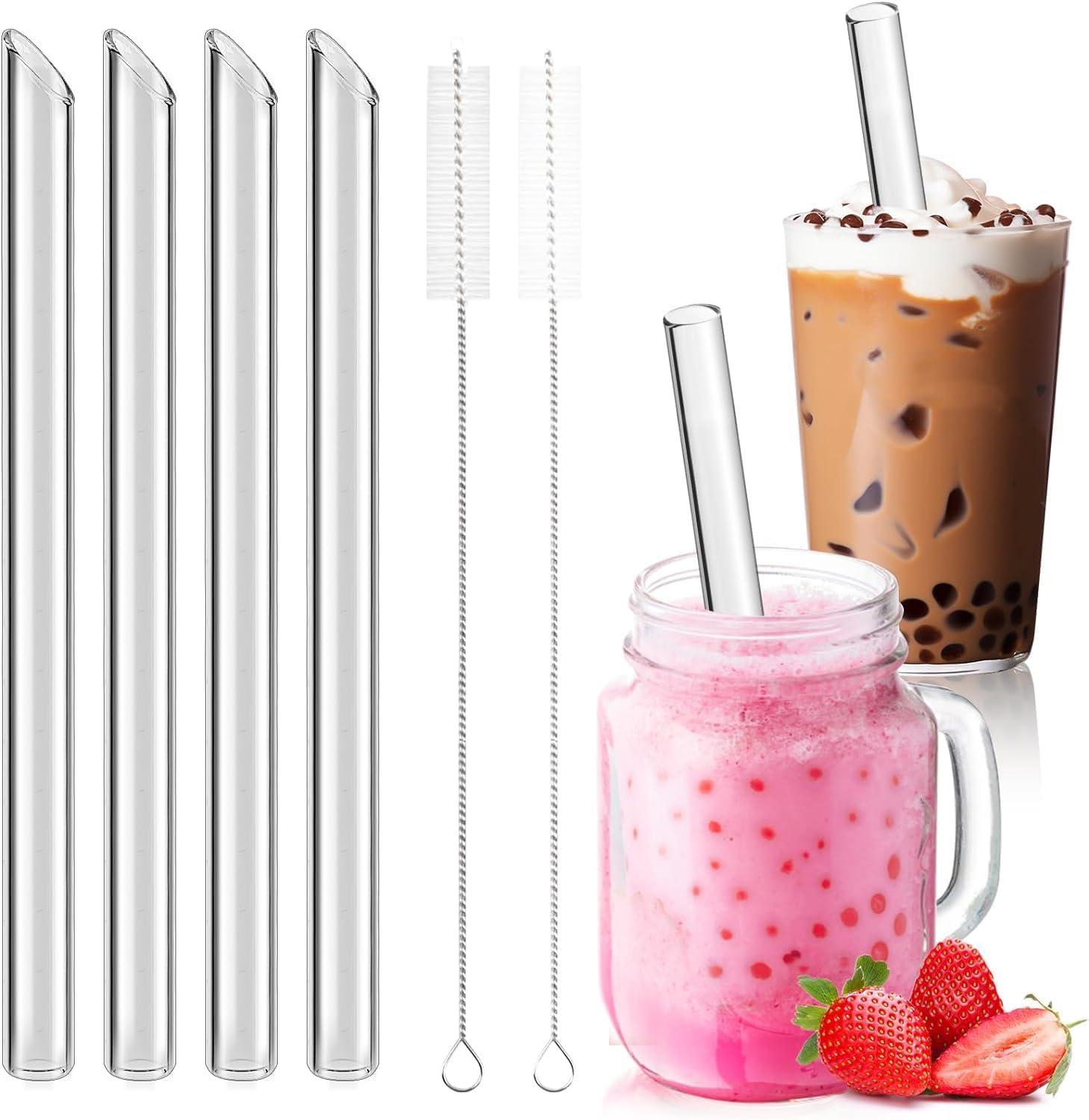 oCreon Bubble Tea-Glasstrohhalme – Set mit 4 Stück – 14 mm × 21,5 cm, wiederverwendbar. Boba Tea-Glasstrohhalme + 2 Reinigungsbürsten – Wiederverwendbare Glasstrohhalme