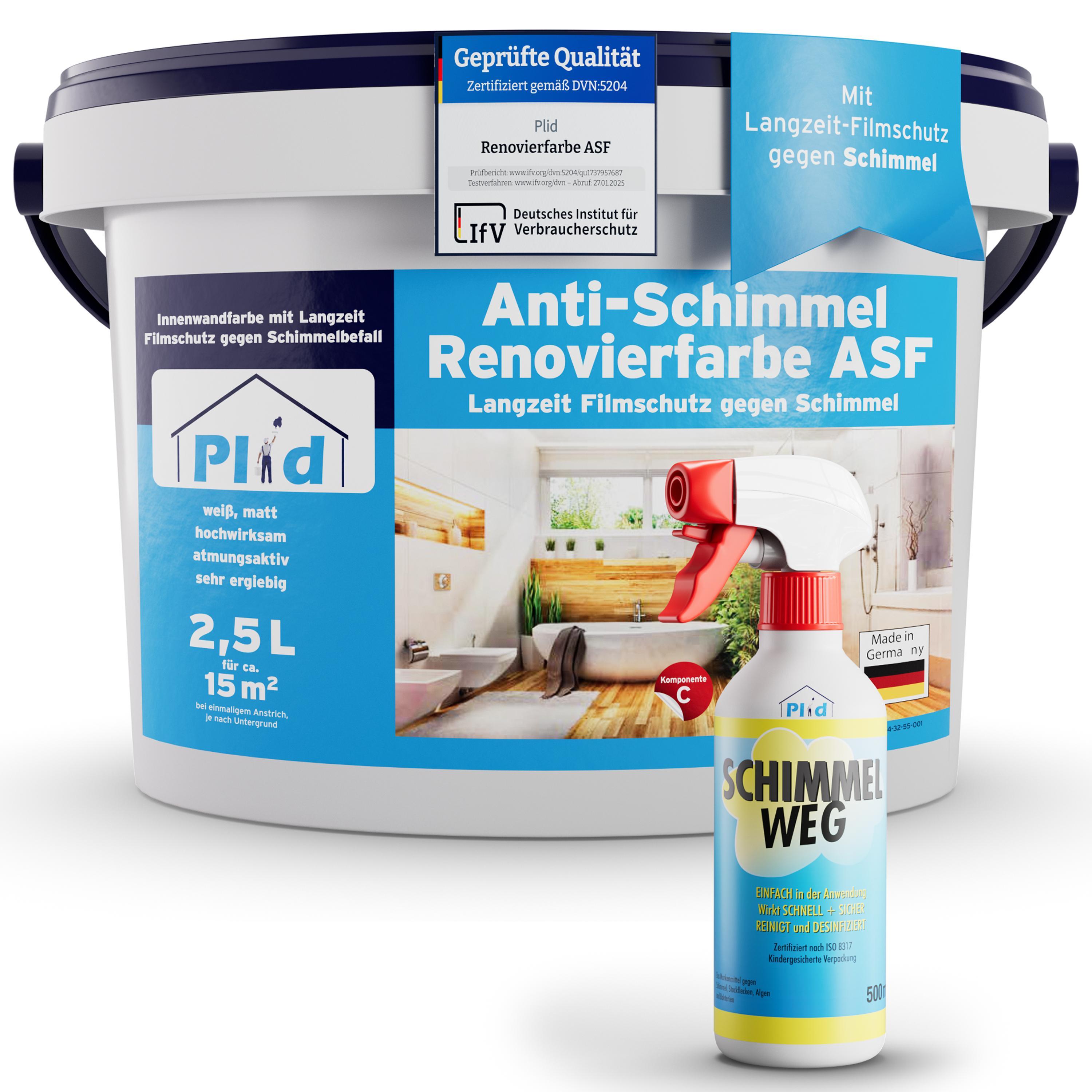 plid Anti Schimmel Renovierfarbe Weiß 2,5l inkl. Anti-Schimmel Spray für ca. 15m² [DAUERHAFTER SCHIMMELSCHUTZ] alle Wände - Innen Farbe für feuchte Räume