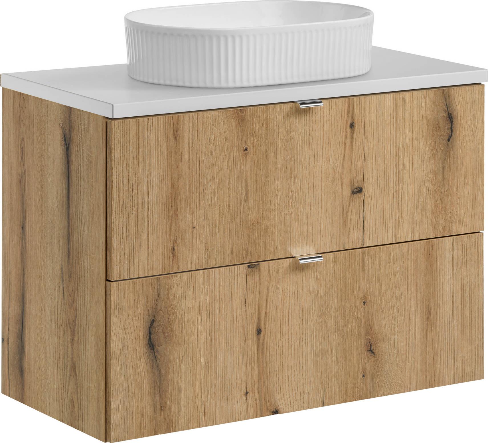 Badezimmerschrank 80 Cm Mit Weißer Platte Und Aufsatzwaschbecken Eiche